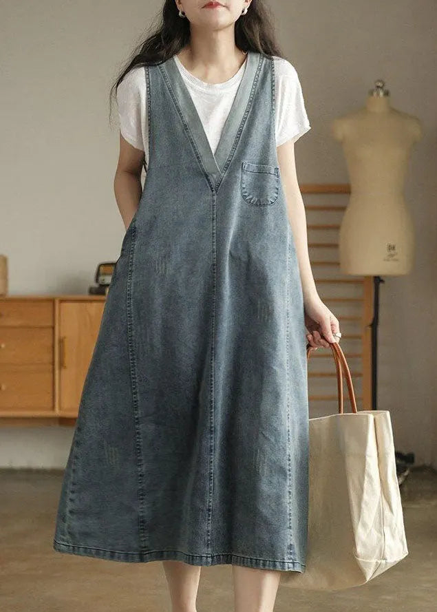 Blue V Neck Patchwork Denim Tank Dress Sleeveless