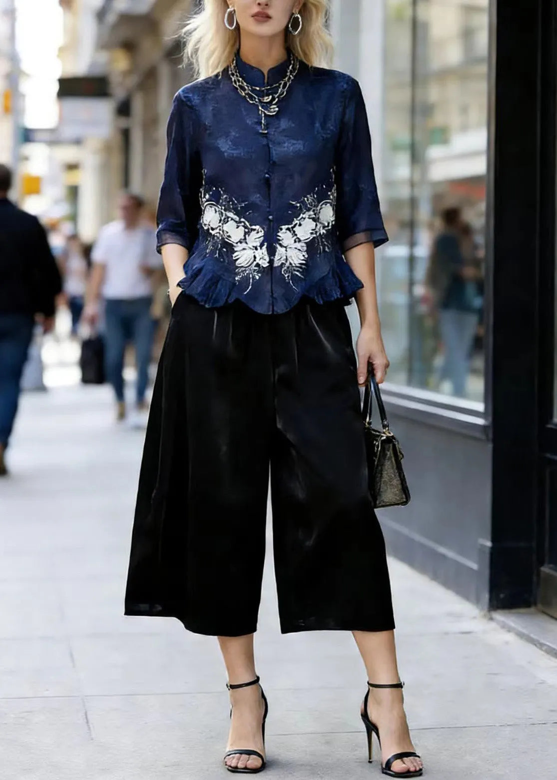 Chinese Style Stand Collar Ruffled Silk Two Pieces Set Summer