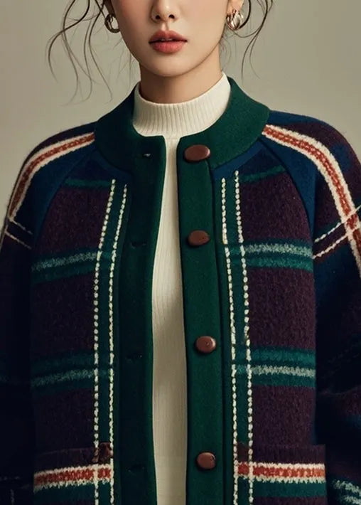 Green Plaid Button Patchwork Woolen Coats Winter