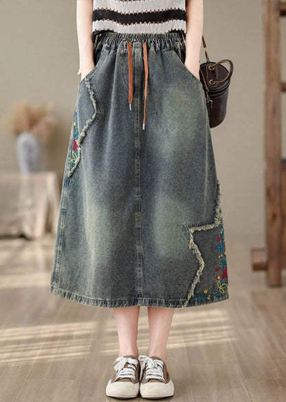 Denim Blue Pockets Patchwork Tie Waist Maxi Skirt Summer