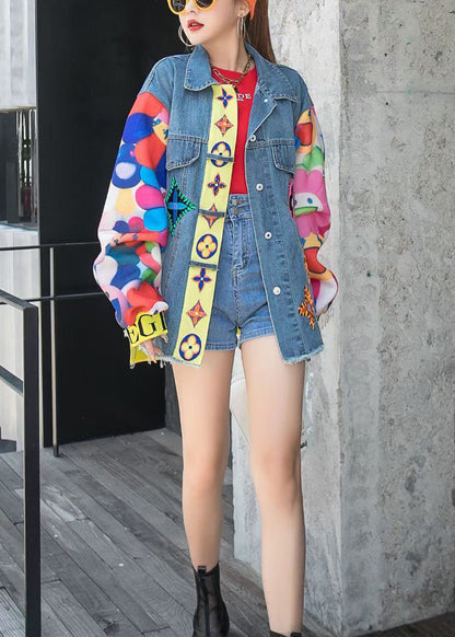 Fine Blue Peterpan Collar Print Patchwork Button Fall Coat Long Sleeve