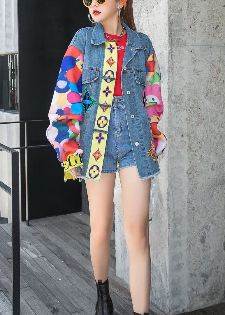 Fine Blue Peterpan Collar Print Patchwork Button Fall Coat Long Sleeve