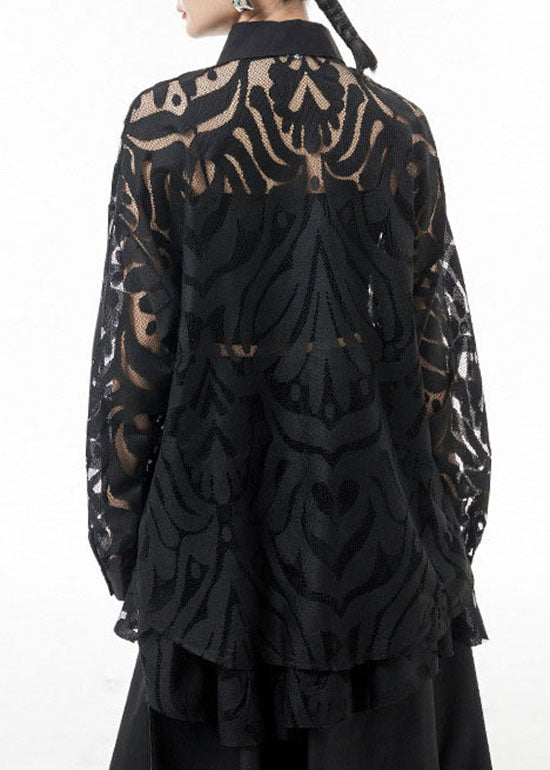 Simple Black Button Peter Pan Collar Patchwork Lace Shirts Spring