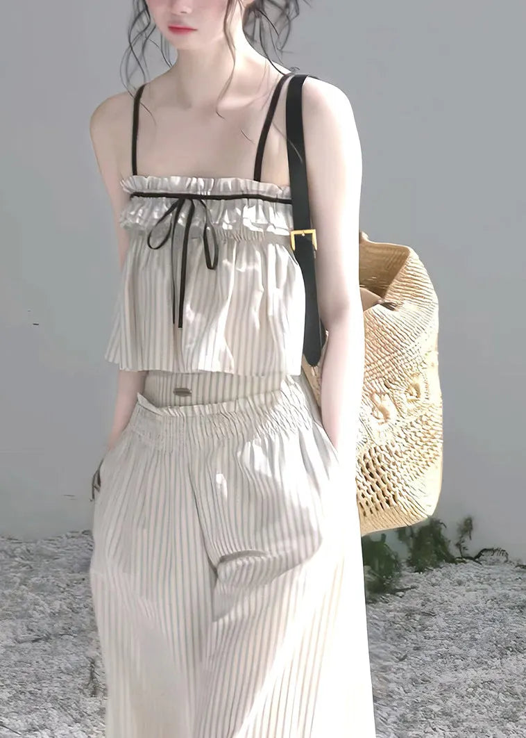 Modern Beige Ruffled Striped Cotton Bow Sets 2 Pieces Summer