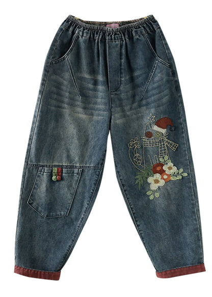 Navy Embroideried Patchwork Denim Pants Spring