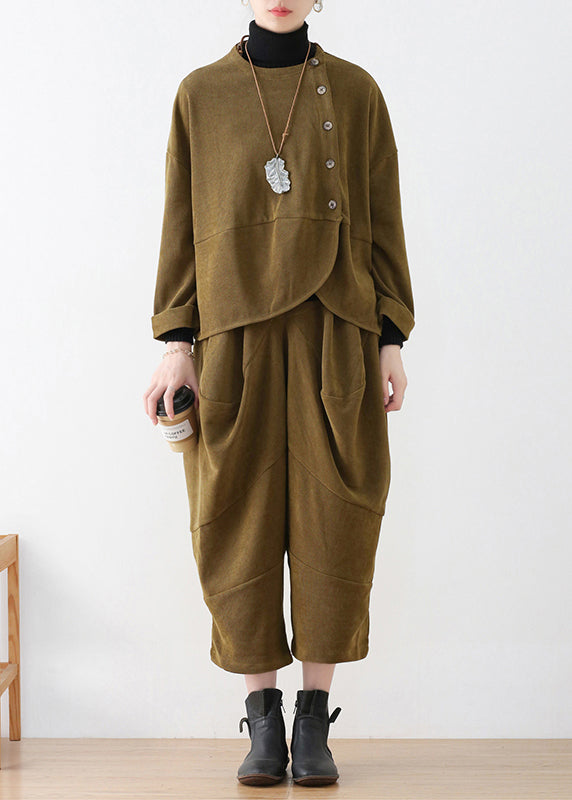 Boutique Mustard Green O-neck Velour Top and Crop Pants Two Pieces Set Fall