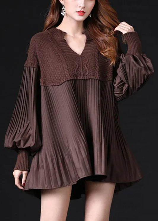 Simple Chocolate Ruffled Knit Knitted Tops Lantern Sleeve