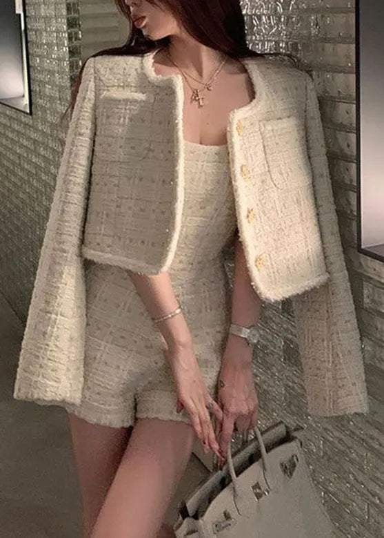 Art Apricot O-neck Print Coats and Jumpsuit Two Pieces Set Spring
