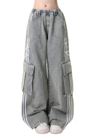 Modern Light Blue Elastic Waist Pockets Denim Pants Fall