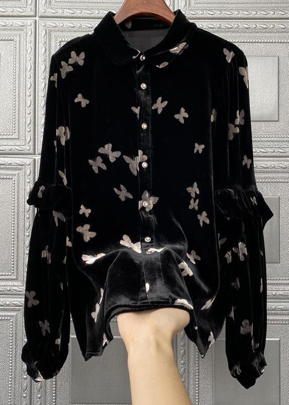 Black Peter Pan Collar Print Button Velour Tops Fall