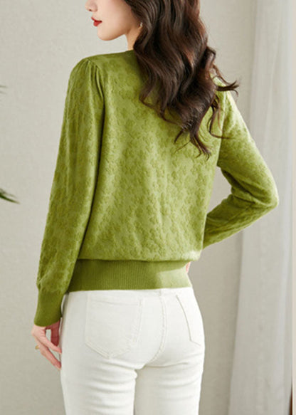 Green Embroideried Button Knit Cardigans Fall