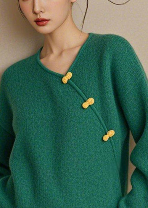 Simple Green V Neck Button Knit Sweater Fall