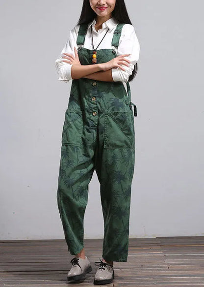 Simple Blue Oversized Maple Leaves Print Pockets Cotton Jumpsuits Spring