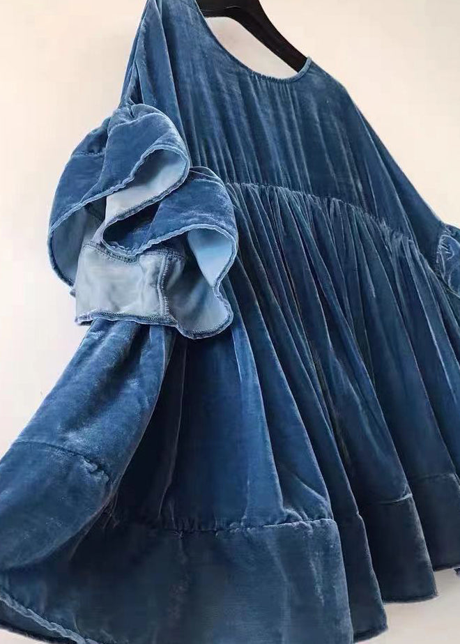 Blue Wrinkled Patchwork Velour Short Dress Butterfly Sleeve