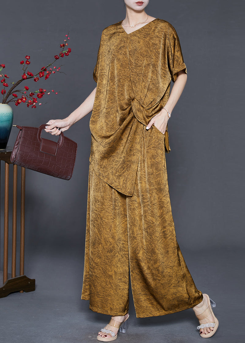 Golden Jacquard Silk Two Piece Suit Set Asymmetrical Summer