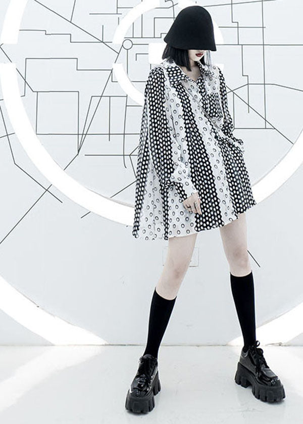 Stylish Black Peter Pan Collar Dot Print Chiffon Long Shirts and Shorts Two Piece Set Short Sleeve