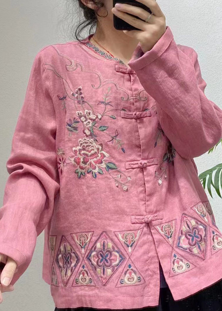 Blue Embroideried Oriental Button Linen Chinese Style Coats Spring