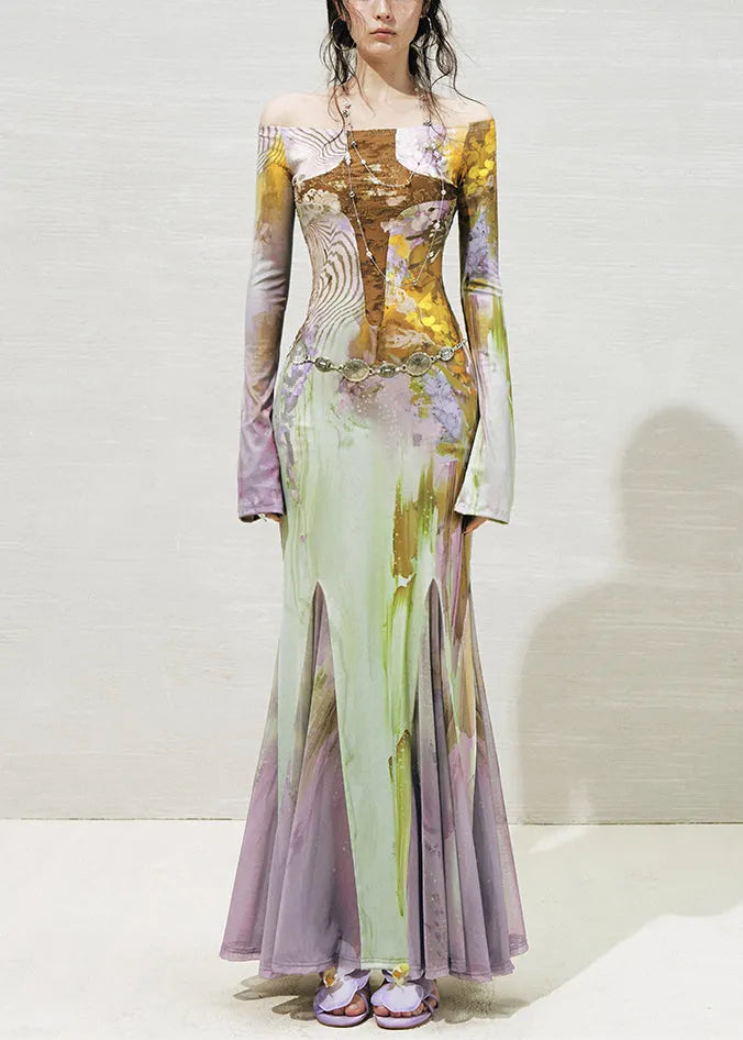 Slash Neck Print Tulle Patchwork Long Dresses Fall