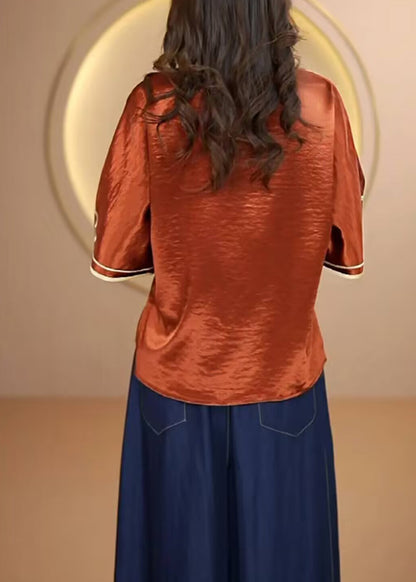 Navy Stand Collar Embroidered Silk Top Flare Sleeve