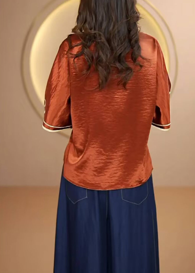 Navy Stand Collar Embroidered Silk Top Flare Sleeve
