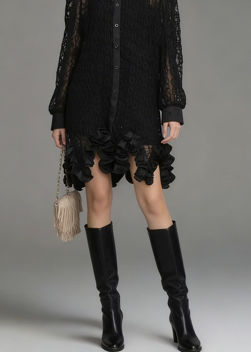 Black Peter Pan Collar Hollow Out Lace Shirt Tops Spring