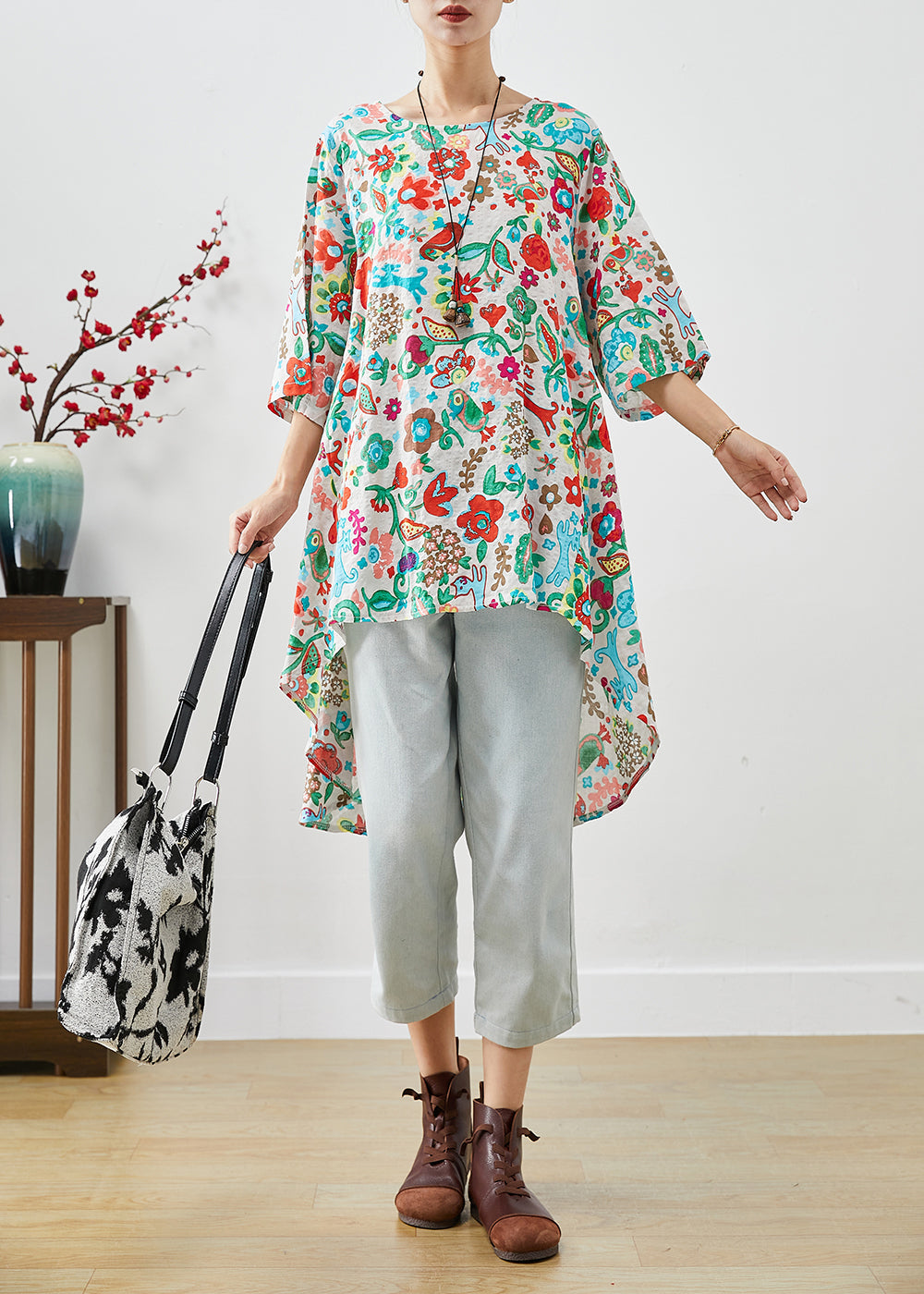 Beige Print Low High Design Cotton Blouses Half Sleeve