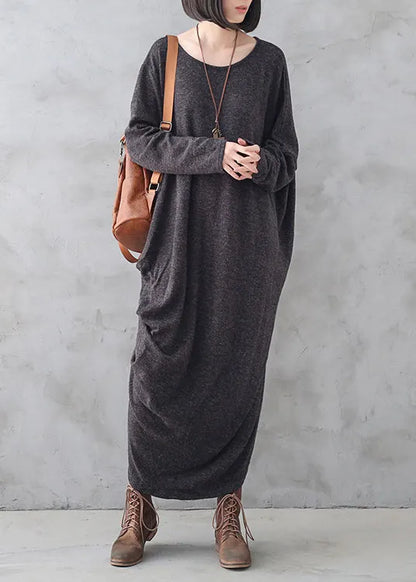 Dark Grey O-neck Asymmetrical Wool Knit Maxi Sweater Dress Fall