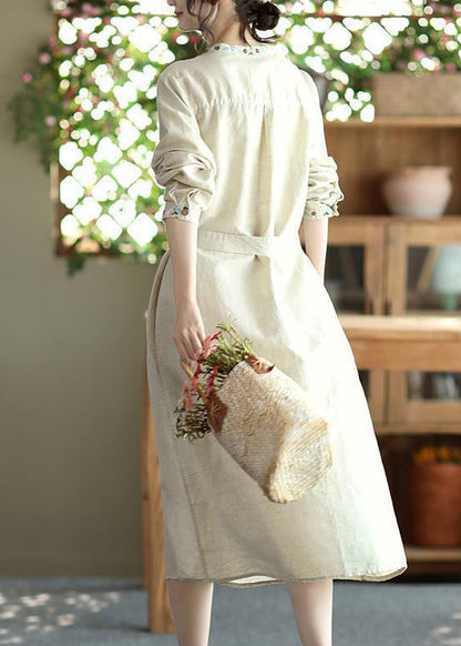 Apricot Embroideried Button Tie Waist Cotton Dress Fall