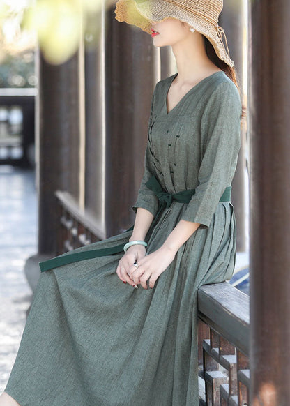 Fitted Grey Tie Waist Embroideried Wrinkled Cotton Vacation Dresses Three Quarter Sleeve