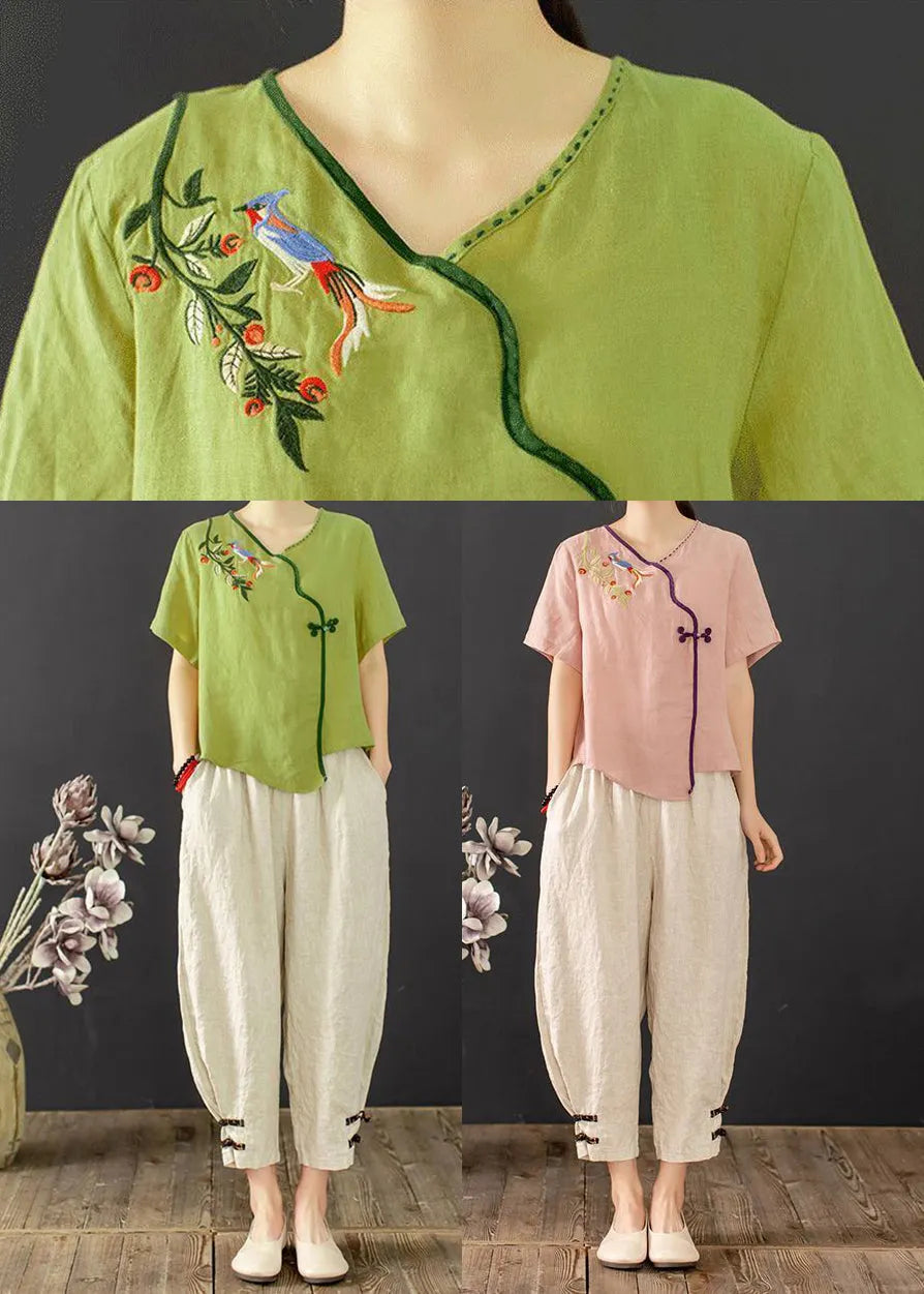New Retro Pink Embroidered Chinese Button 2 Piece Outfit Summer