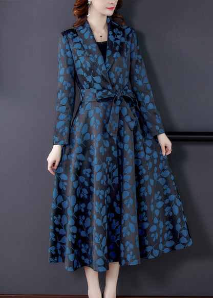 Notched Print Pockets Tie Waist Silk Trench Coats Long Sleeve