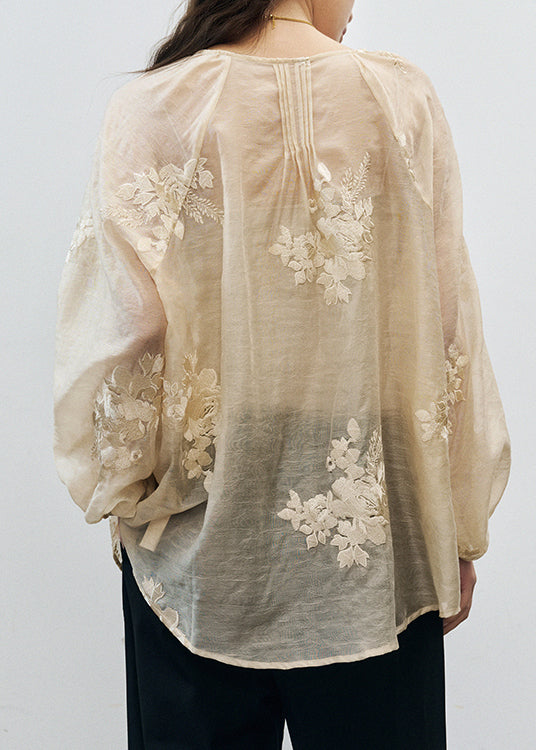 Beige V Neck Embroidered Silk Blouse Tops Fall
