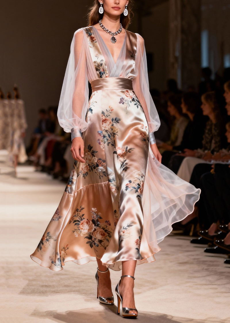 French Champagne Print Tulle Patchwork Silk Dinner Dress Summer