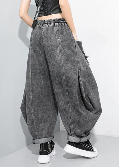 Black Grey Cinched Patchwork Denim Pants Trousers Spring