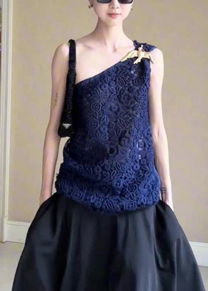 Blue Asymmetrical Hollow Out Tank Sleeveless