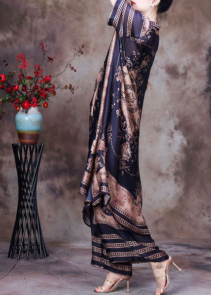 Chocolate Stand Collar Side Open Print Silk Two Piece Set Clothing Summer