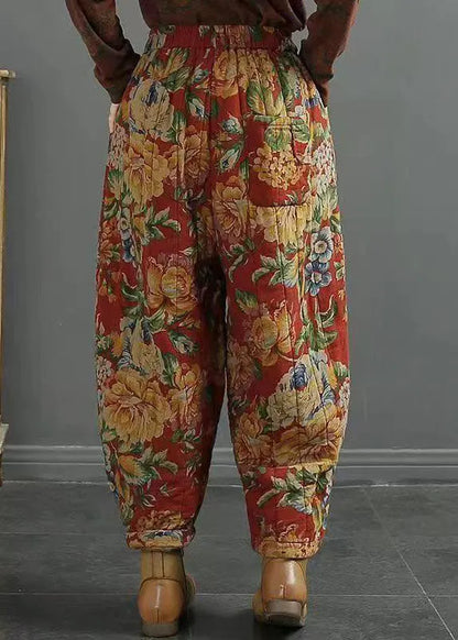 Red Pockets Print Elastic Waist Fine Cotton Filled Pants Winter