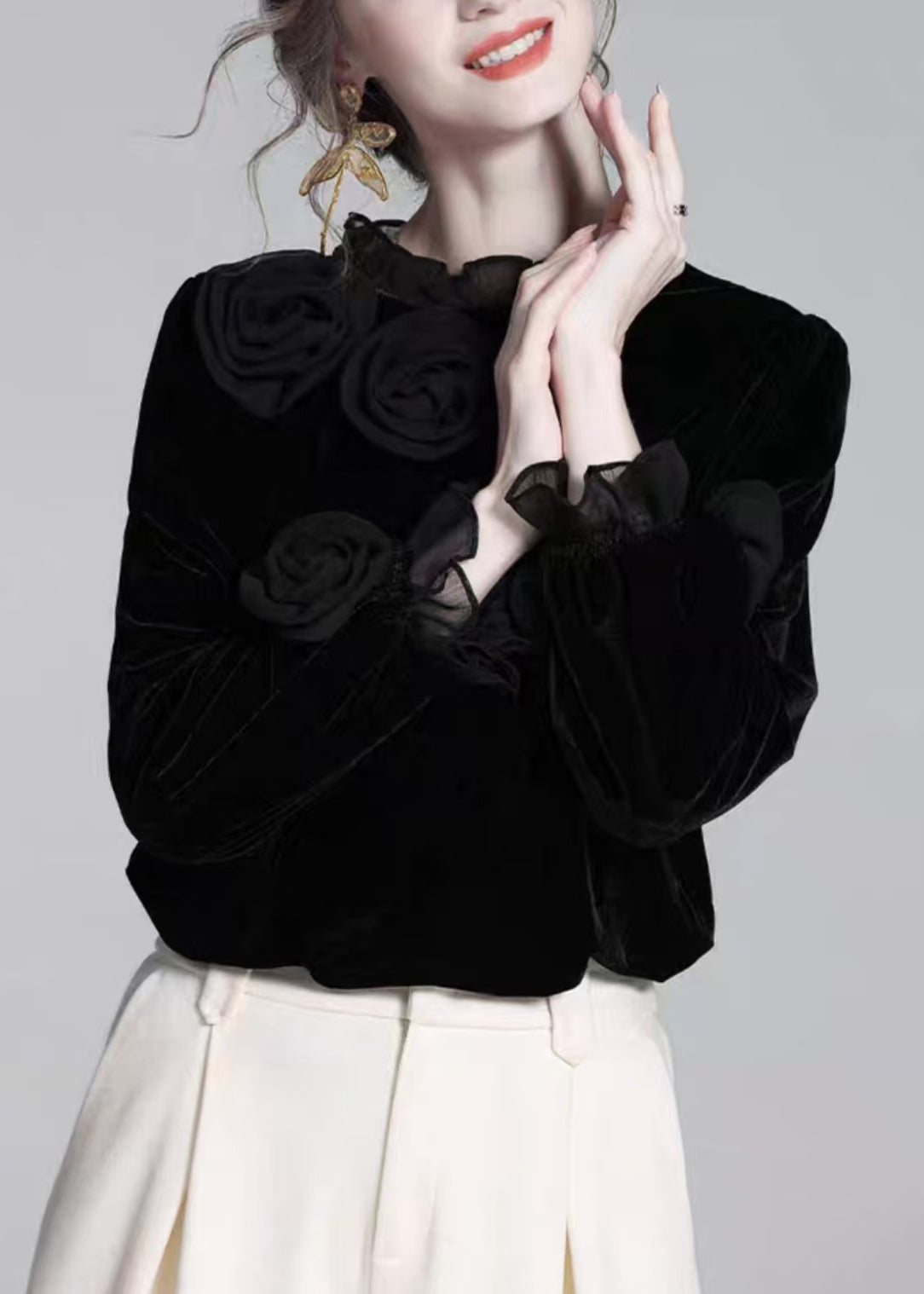 Black Ruffled Silk Velour T Shirt Winter