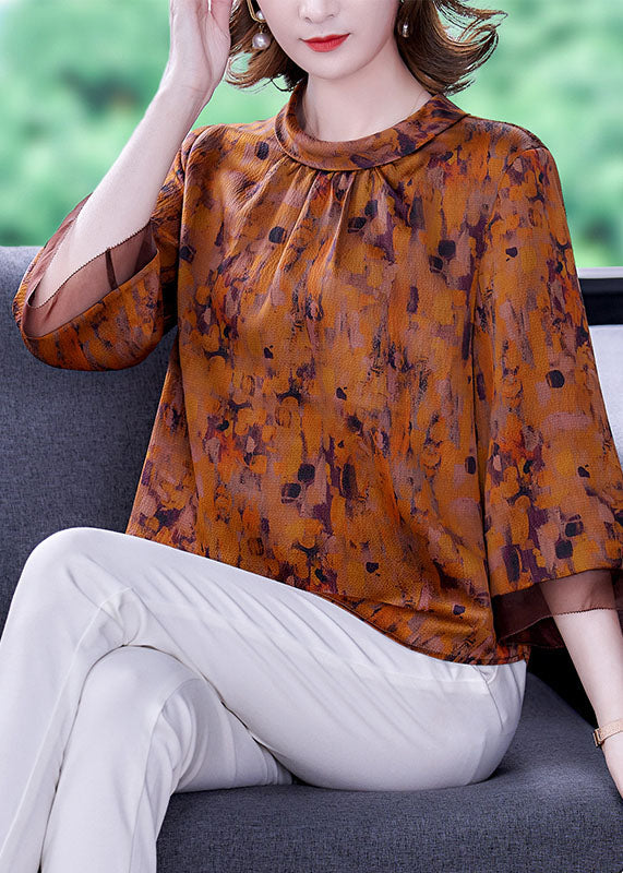 Yellow Stand Collar Zippered Print Silk Shirts Bracelet Sleeve