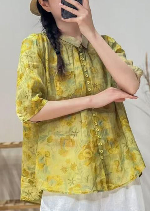 Yellow Peter Pan Collar Print Cotton Blouse Tops Summer