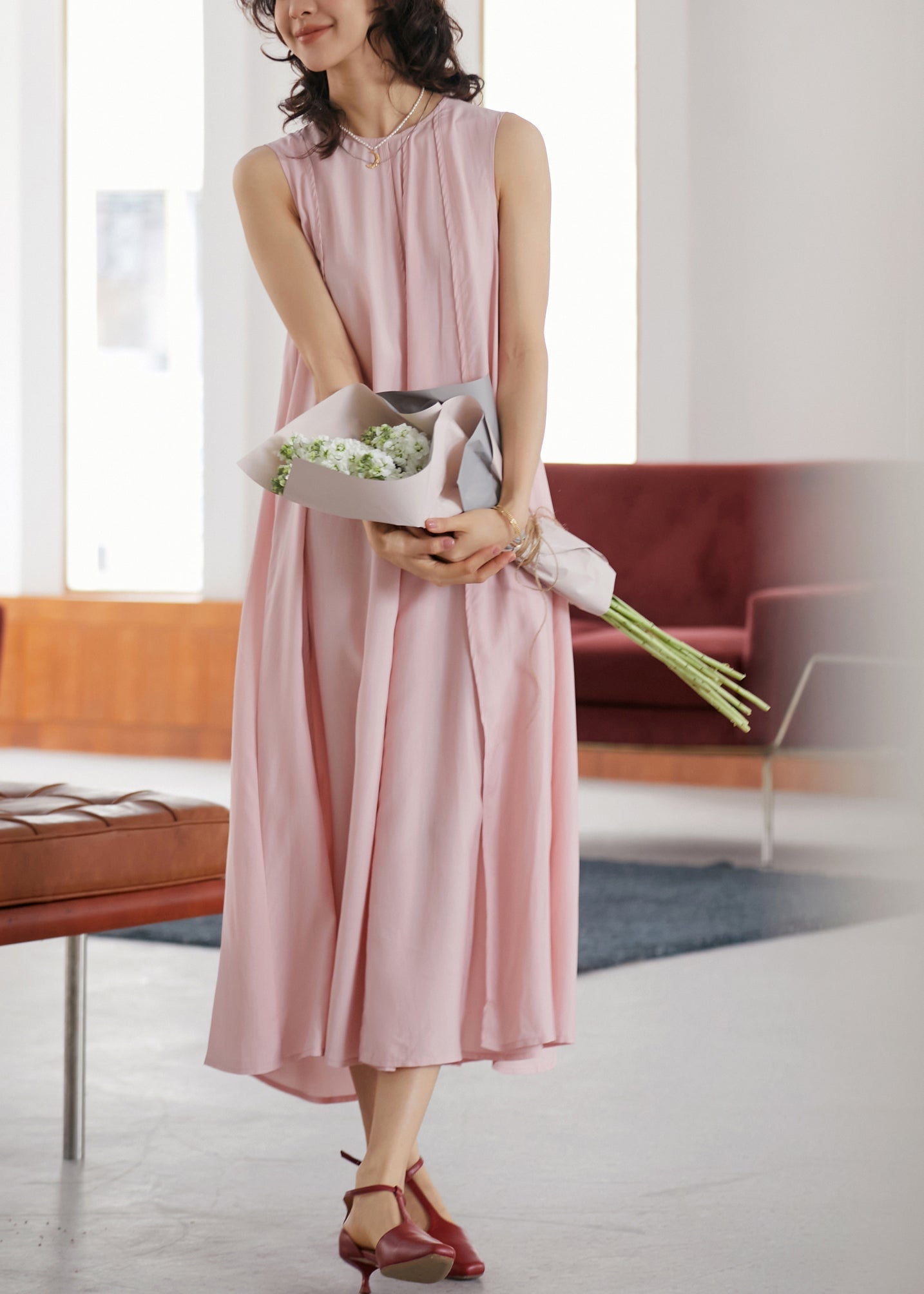 Pink O-neck Wrinkled Long a Line Dresses Sleeveless