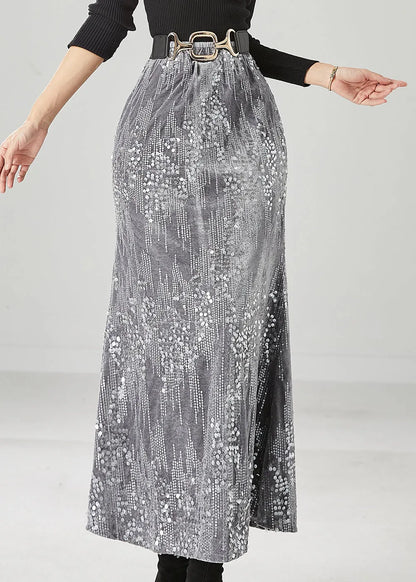Grey Silk Velour Skirts Sequins High Waist Winter