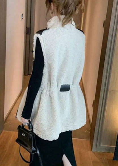 Modern Beige Drawstring Pockets Winter Sleeveless Teddy Vest Jacket