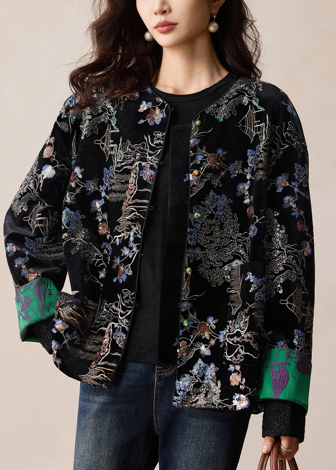 Black Embroidered Sequins Silk Velvet Coats Winter