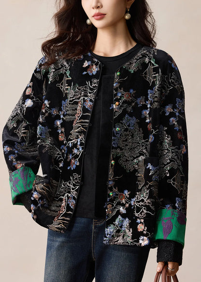Black Embroidered Sequins Silk Velvet Coats Winter