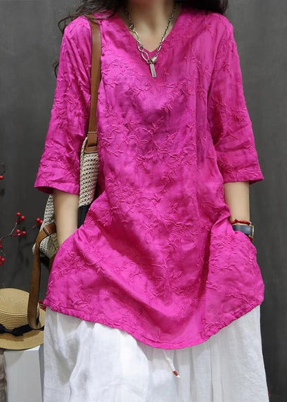 Rose V Neck Embroidered Side Open Top Spring