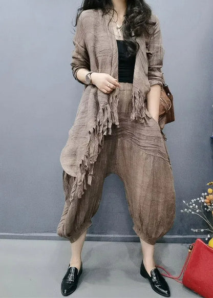 Retro Chocolate V Neck Tasseled Wrinkled Linen Coats and Lantern Pants Two Pieces Set Spring