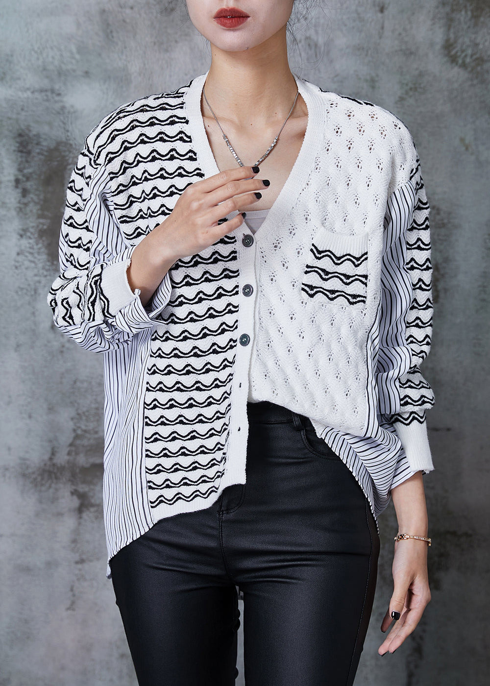French White Striped Patchwork Cotton Blouse Top Spring