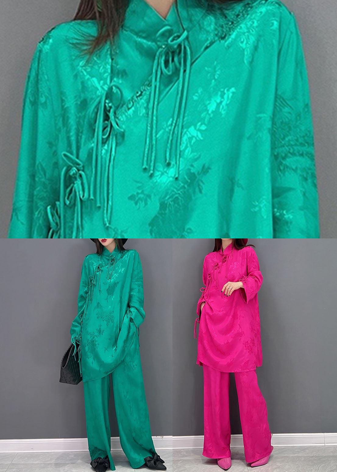 Rose Jacquard Silk Long Tops and Wide Leg Pants Two Pieces Set Stand Collar Long Sleeve