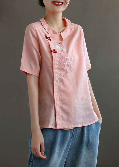 Pink Peter Pan Collar Embroideried Linen Blouse Tops Spring